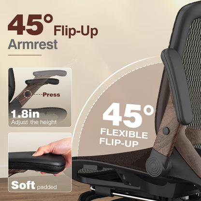 GABRYLLY Ergonomic Office Chair with Footrest, High Back Mesh, Flip-Up Arms, 3D Headrest, 135° Recline, Lumbar Support, 300lbs