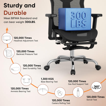 Ergonomic Office Chair with Footrest, 3D Lumbar Support, Adjustable Armrests & Headrest, 90°-135° Tilt, Mesh Seat, Heavy Duty