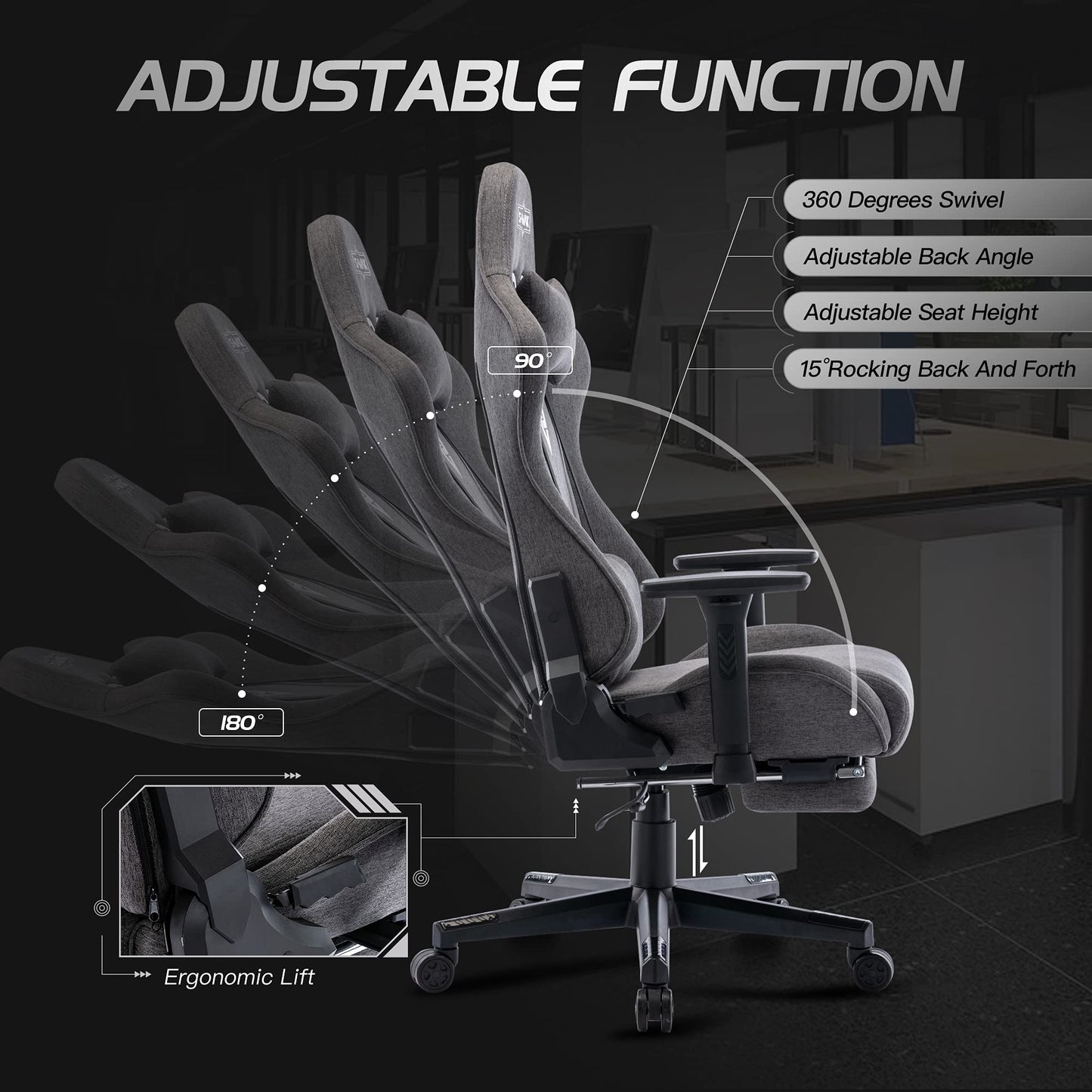 S*MAX Fabric Gaming Chair with Footrest, Ergonomic, 3D Armrests, Thick Seat, Breathable, Headrest & Lumbar Support, Grey