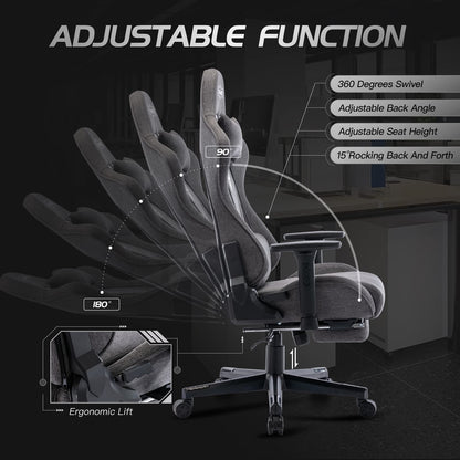 S*MAX Fabric Gaming Chair with Footrest, Ergonomic, 3D Armrests, Thick Seat, Breathable, Headrest & Lumbar Support, Grey