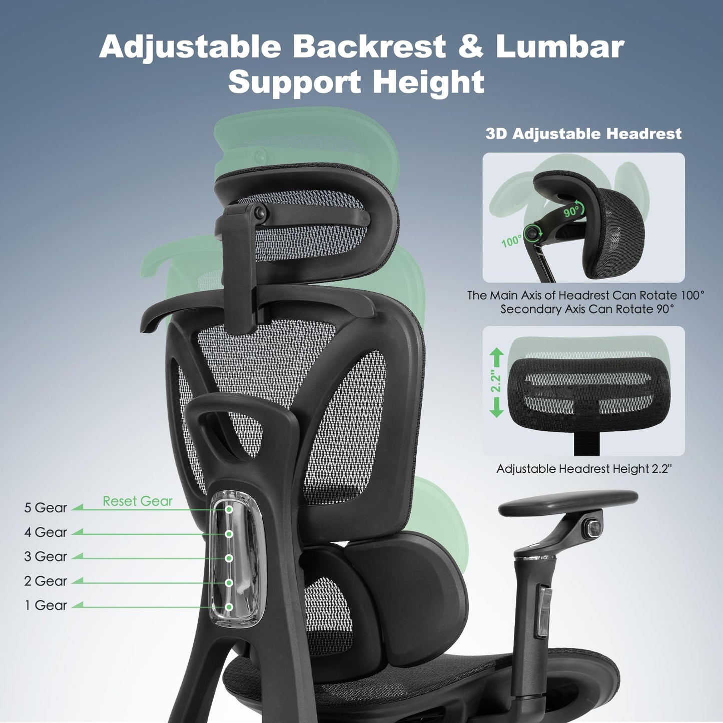 Ergonomic Mesh Office Chair with Footrest, High Back, 3D Lumbar Support, 130° Tilt, Adjustable Depth, 6D Armrests, 3D Headrest, Black