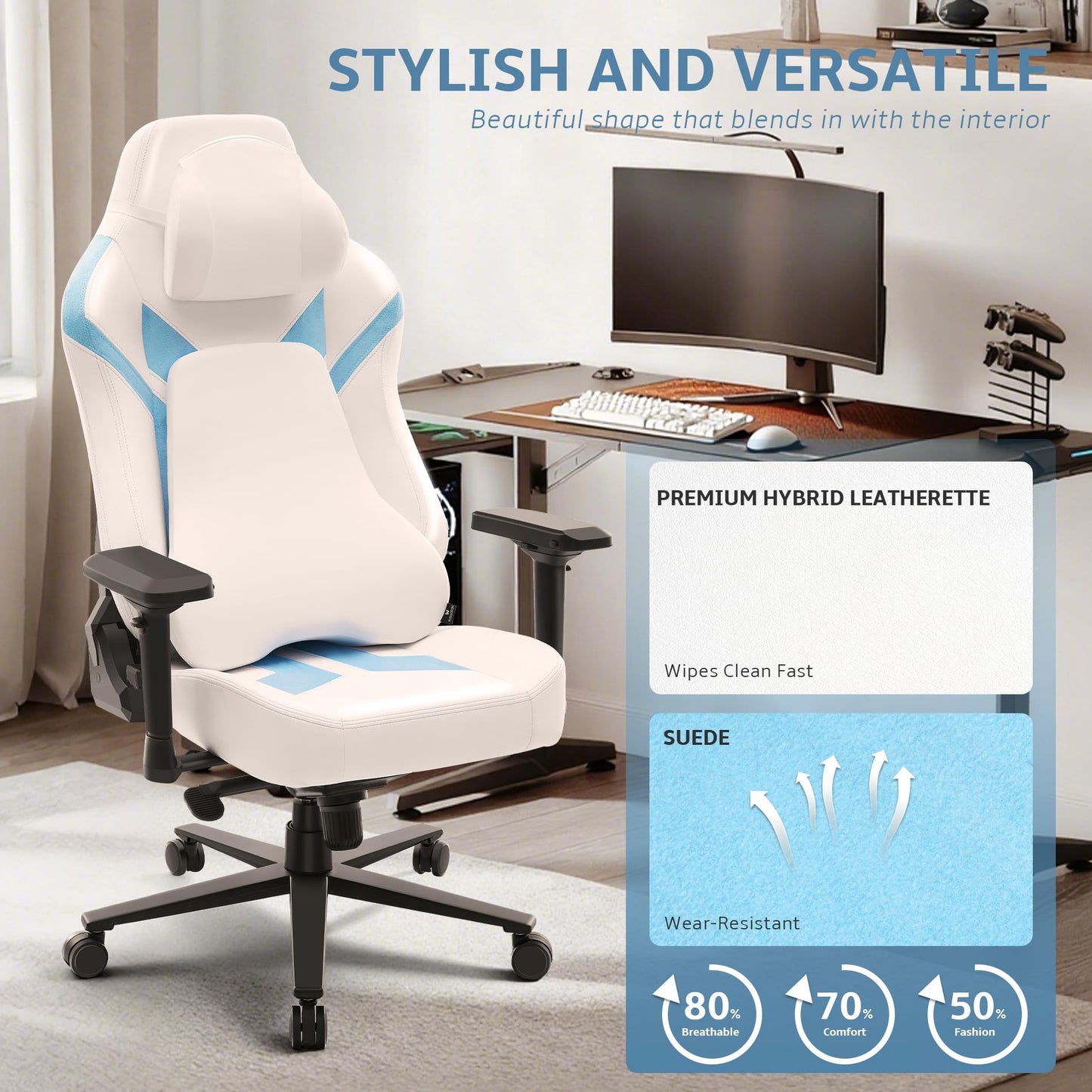 Wyrdforging Ergonomic Gaming Chair, 4D Armrests, High Back, Headrest, Lumbar Pillow, Recliner, White Blue PU Leather