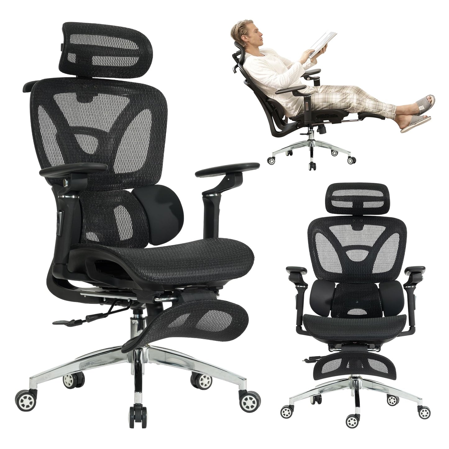 Ergonomic Mesh Office Chair with Footrest, High Back, 3D Lumbar Support, 130° Tilt, Adjustable Depth, 6D Armrests, 3D Headrest, Black