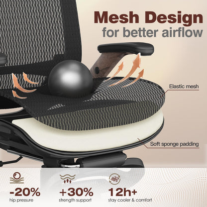 GABRYLLY Ergonomic Office Chair with Footrest, High Back Mesh, Flip-Up Arms, 3D Headrest, 135° Recline, Lumbar Support, 300lbs