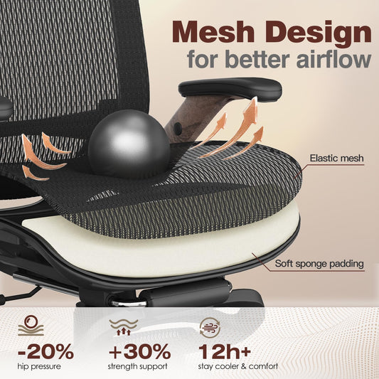 GABRYLLY Ergonomic Office Chair with Footrest, High Back Mesh, Flip-Up Arms, 3D Headrest, 135° Recline, Lumbar Support, 300lbs