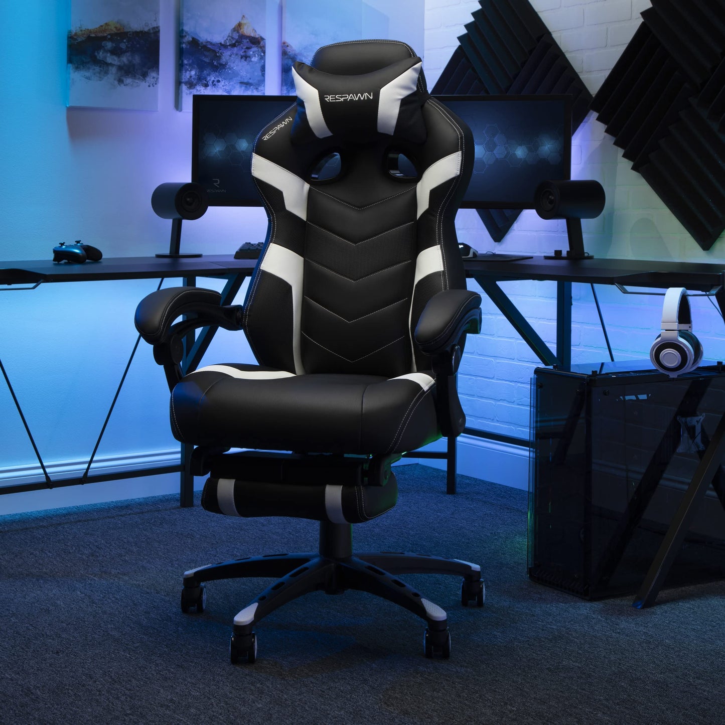 Respawn 110 Pro Gaming Chair with Footrest, Ergonomic Recliner, Lumbar Support, Headrest, Racing Style, White