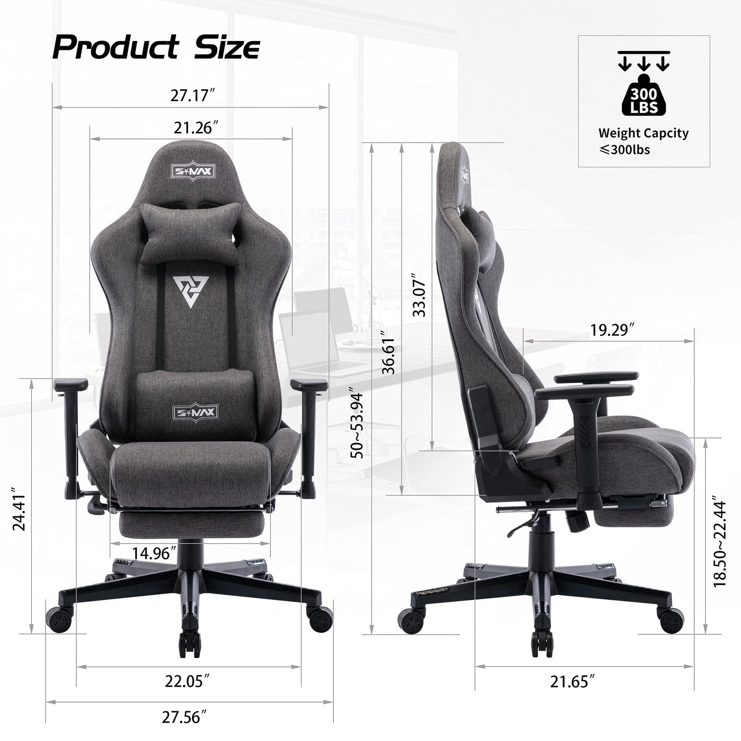 S*MAX Fabric Gaming Chair with Footrest, Ergonomic, 3D Armrests, Thick Seat, Breathable, Headrest & Lumbar Support, Grey