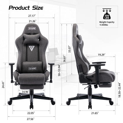 S*MAX Fabric Gaming Chair with Footrest, Ergonomic, 3D Armrests, Thick Seat, Breathable, Headrest & Lumbar Support, Grey