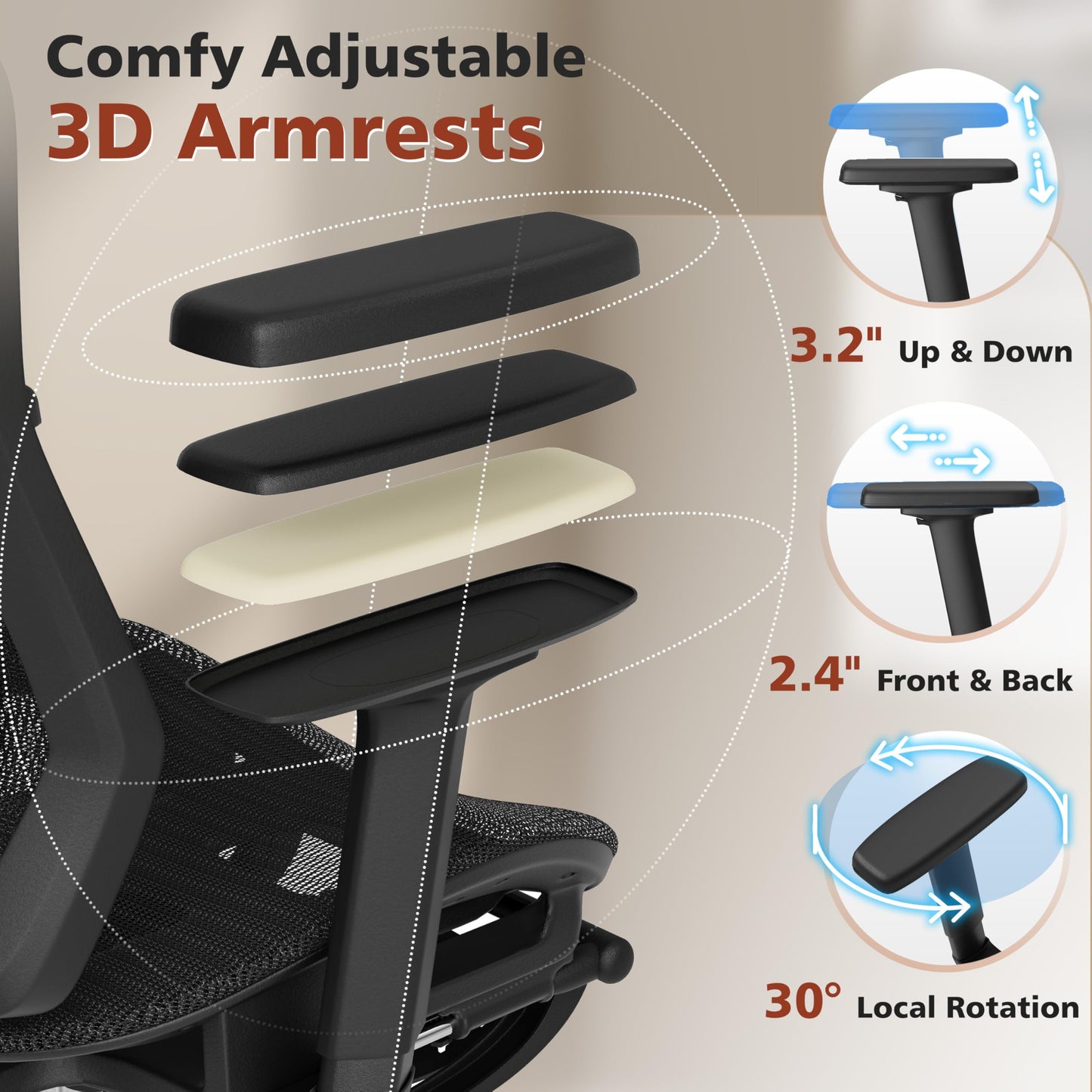 Ergonomic Office Chair with Footrest, 3D Lumbar Support, Adjustable Armrests & Headrest, 90°-135° Tilt, Mesh Seat, Heavy Duty