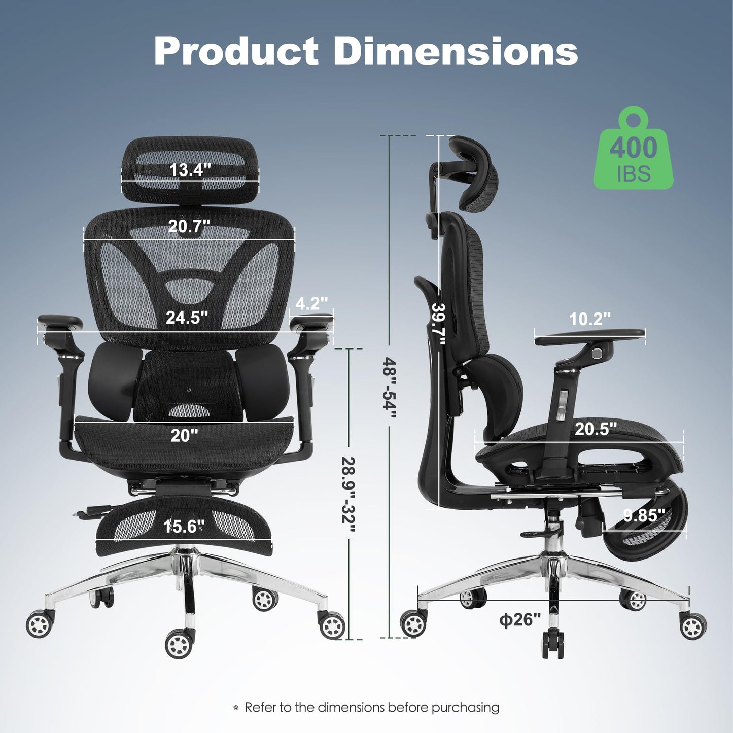 Ergonomic Mesh Office Chair with Footrest, High Back, 3D Lumbar Support, 130° Tilt, Adjustable Depth, 6D Armrests, 3D Headrest, Black
