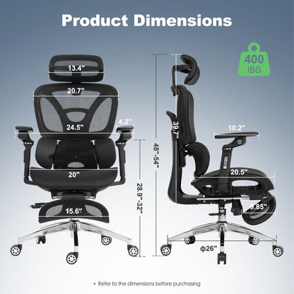 Ergonomic Mesh Office Chair with Footrest, High Back, 3D Lumbar Support, 130° Tilt, Adjustable Depth, 6D Armrests, 3D Headrest, Black