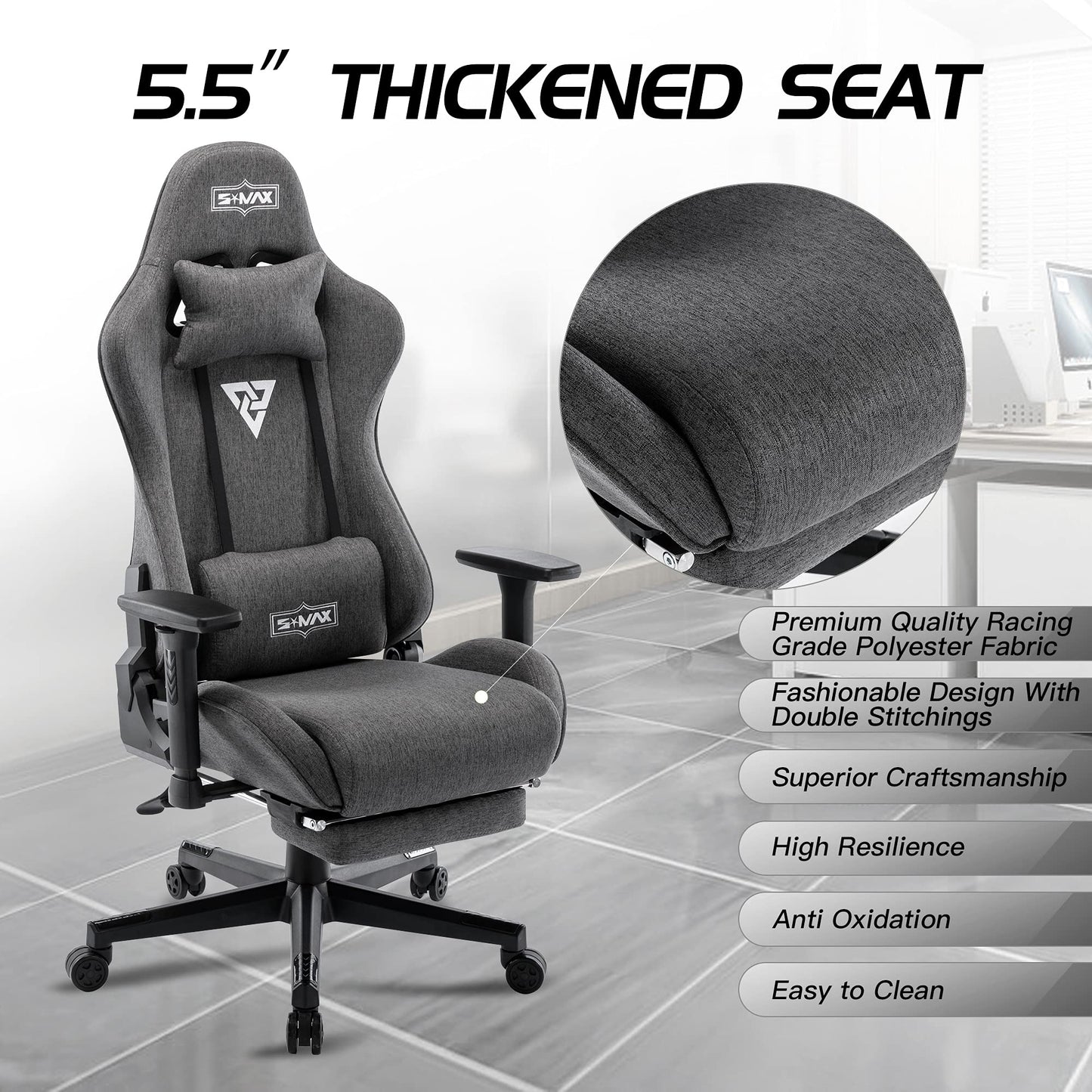 S*MAX Fabric Gaming Chair with Footrest, Ergonomic, 3D Armrests, Thick Seat, Breathable, Headrest & Lumbar Support, Grey
