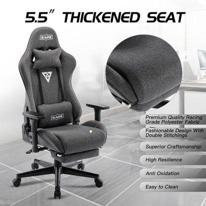 S*MAX Fabric Gaming Chair with Footrest, Ergonomic, 3D Armrests, Thick Seat, Breathable, Headrest & Lumbar Support, Grey