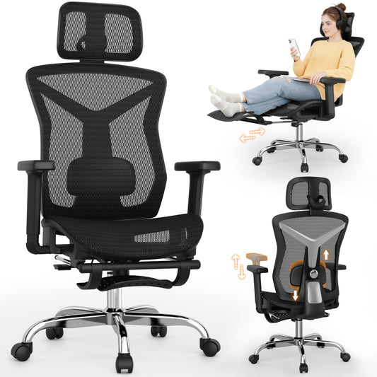 Ergonomic Office Chair with Footrest, 3D Lumbar Support, Adjustable Armrests & Headrest, 90°-135° Tilt, Mesh Seat, Heavy Duty