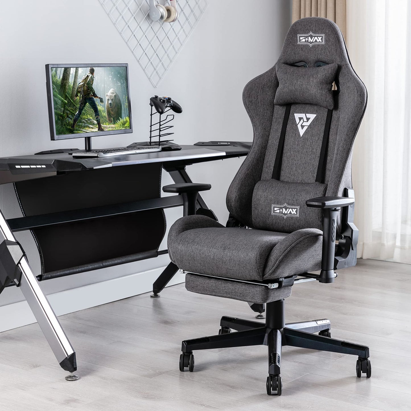 S*MAX Fabric Gaming Chair with Footrest, Ergonomic, 3D Armrests, Thick Seat, Breathable, Headrest & Lumbar Support, Grey
