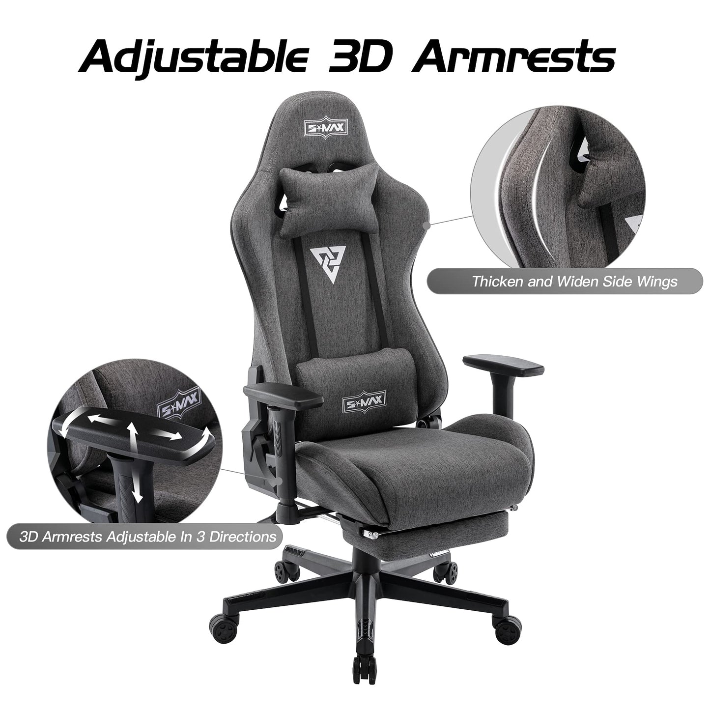 S*MAX Fabric Gaming Chair with Footrest, Ergonomic, 3D Armrests, Thick Seat, Breathable, Headrest & Lumbar Support, Grey