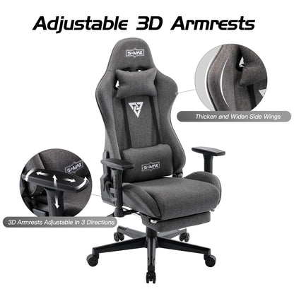 S*MAX Fabric Gaming Chair with Footrest, Ergonomic, 3D Armrests, Thick Seat, Breathable, Headrest & Lumbar Support, Grey