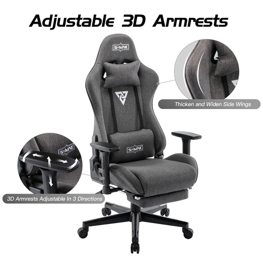 S*MAX Fabric Gaming Chair with Footrest, Ergonomic, 3D Armrests, Thick Seat, Breathable, Headrest & Lumbar Support, Grey