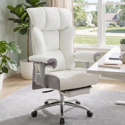 Efomao Big & Tall Office Chair 400lbs, Executive Desk Chair with Footrest, 23" Wide Seat, High Back Ergonomic Leather, White