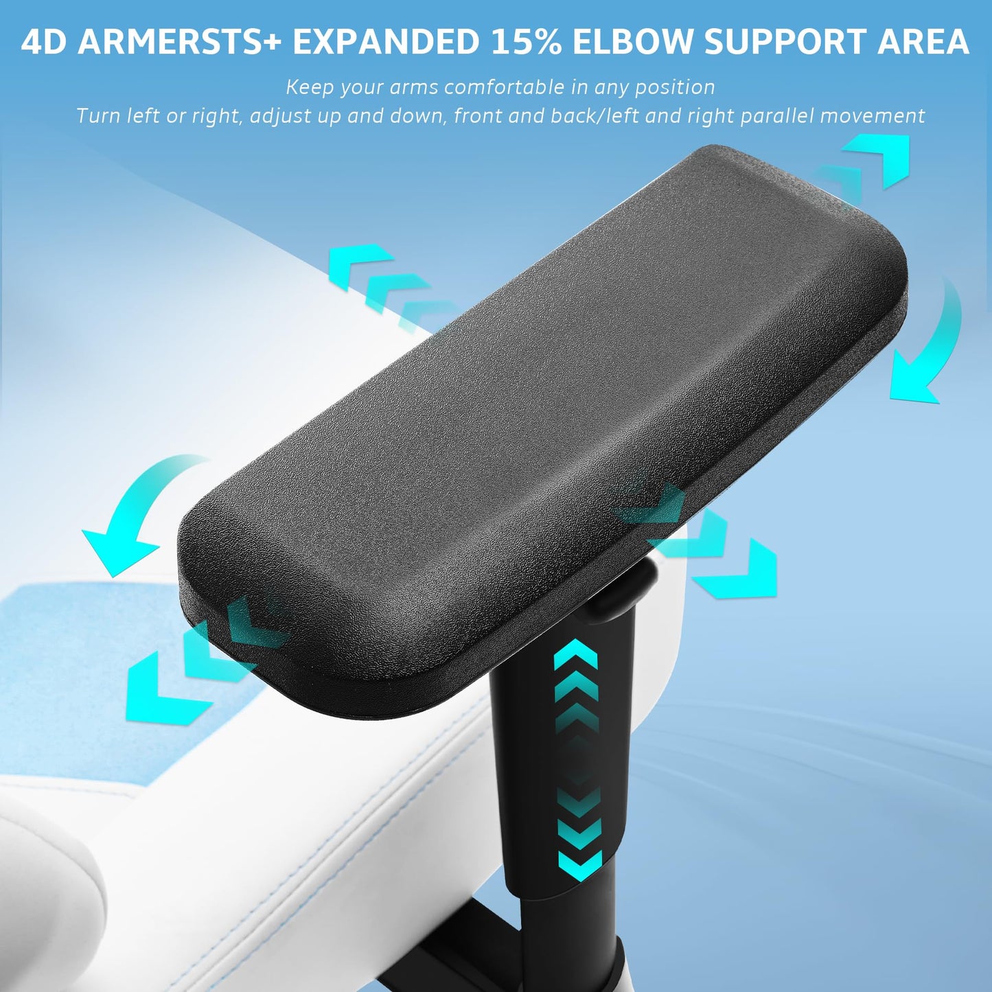 Wyrdforging Ergonomic Gaming Chair, 4D Armrests, High Back, Headrest, Lumbar Pillow, Recliner, White Blue PU Leather