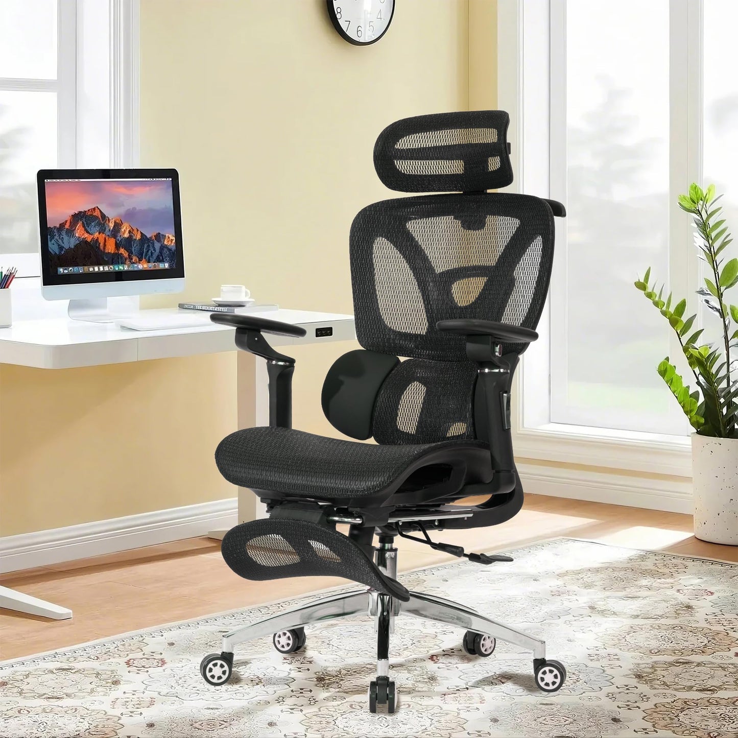 Ergonomic Mesh Office Chair with Footrest, High Back, 3D Lumbar Support, 130° Tilt, Adjustable Depth, 6D Armrests, 3D Headrest, Black