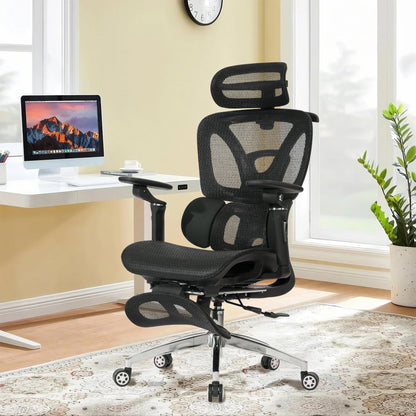 Ergonomic Mesh Office Chair with Footrest, High Back, 3D Lumbar Support, 130° Tilt, Adjustable Depth, 6D Armrests, 3D Headrest, Black