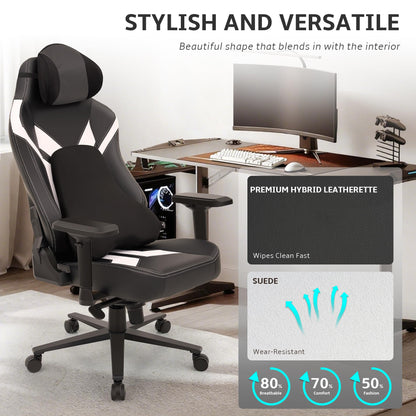 Wyrdforging Ergonomic Gaming Chair, 4D Armrests, High Back, Headrest, Lumbar Pillow, Recliner, Black White PU Leather