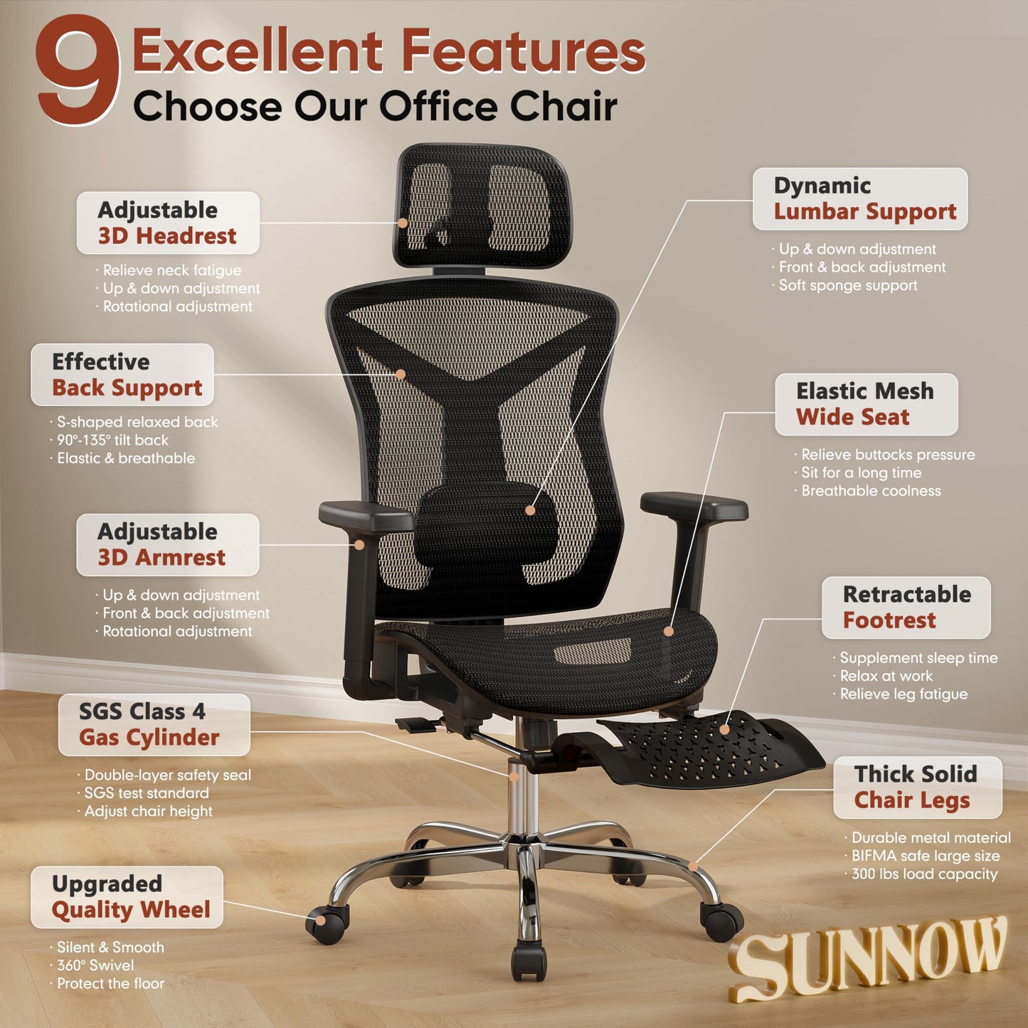 Ergonomic Office Chair with Footrest, 3D Lumbar Support, Adjustable Armrests & Headrest, 90°-135° Tilt, Mesh Seat, Heavy Duty