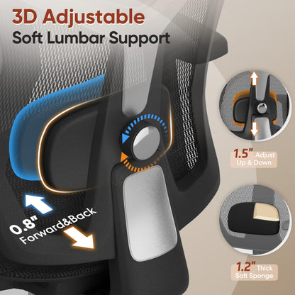 Ergonomic Office Chair with Footrest, 3D Lumbar Support, Adjustable Armrests & Headrest, 90°-135° Tilt, Mesh Seat, Heavy Duty