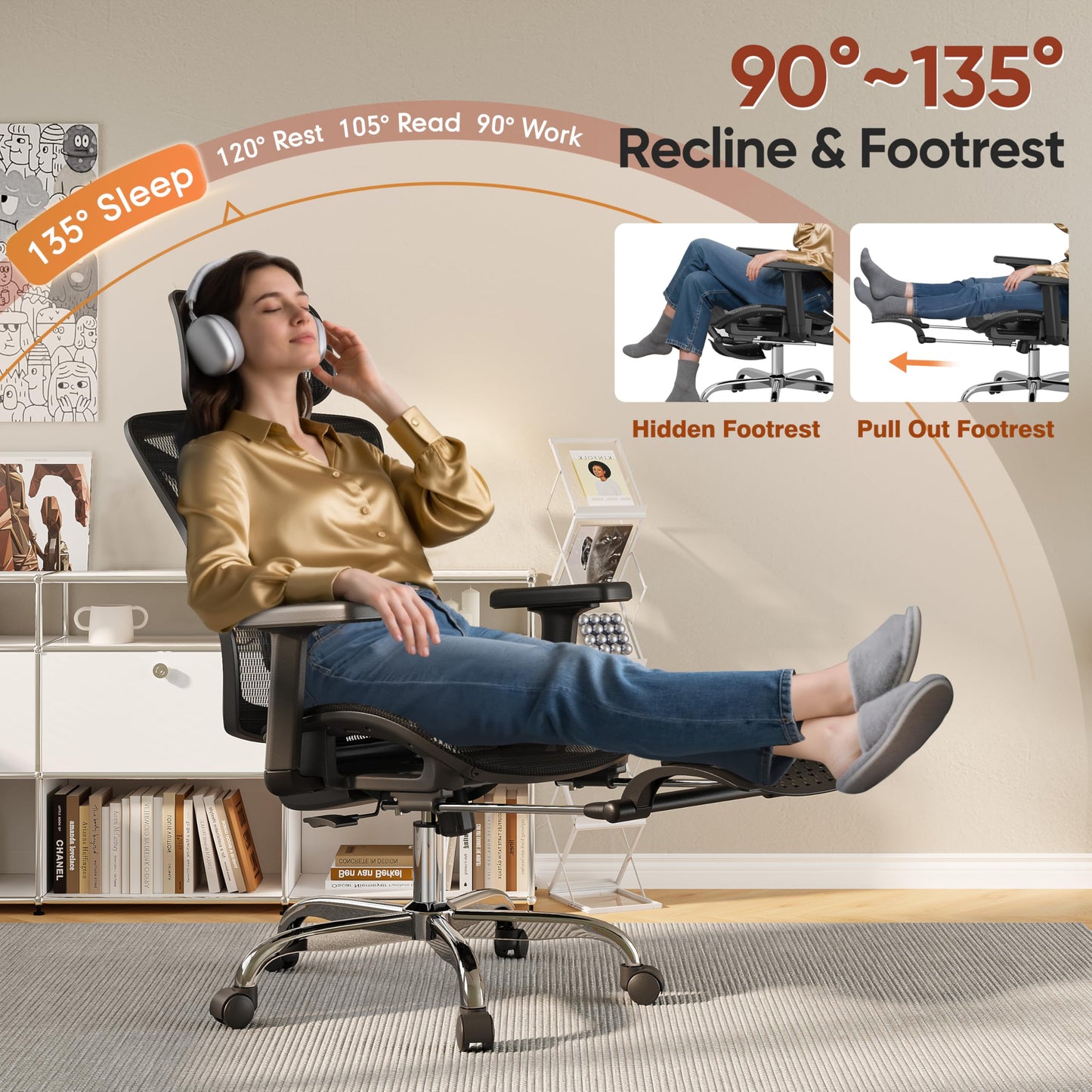 Ergonomic Office Chair with Footrest, 3D Lumbar Support, Adjustable Armrests & Headrest, 90°-135° Tilt, Mesh Seat, Heavy Duty